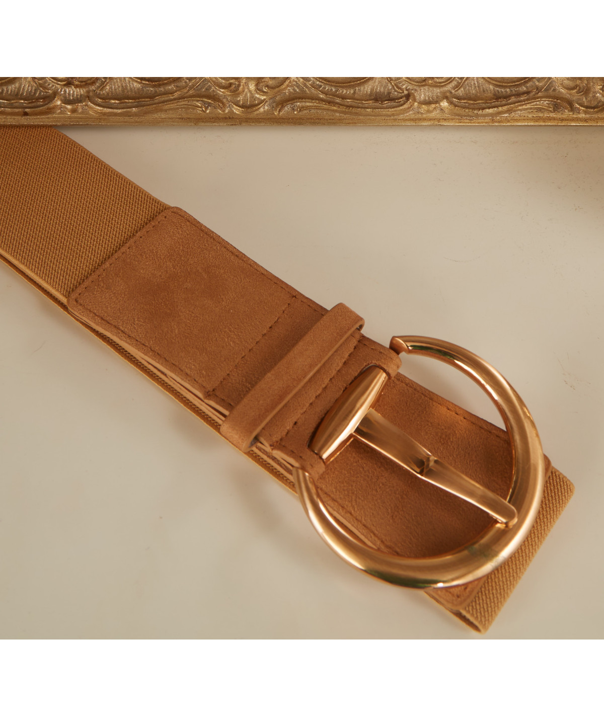taupe belt with gold buckle