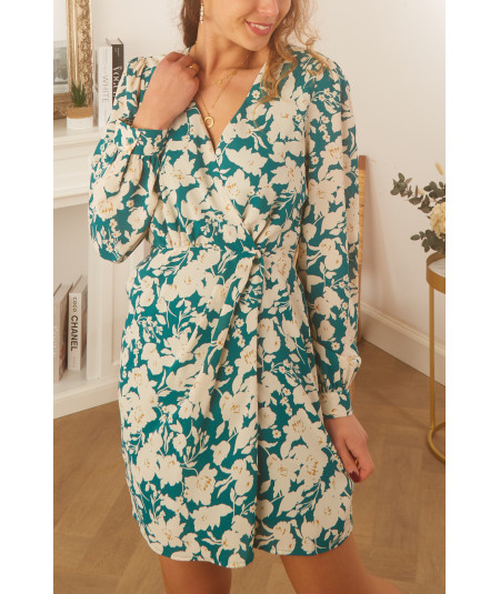 robe verte motif floral beige