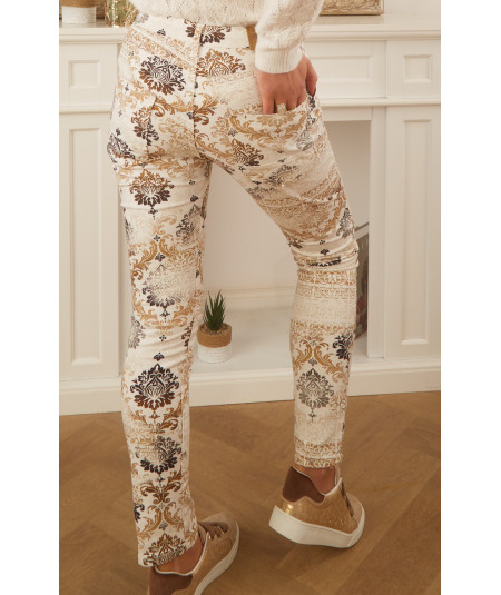 brown jeans with arabesque pattern