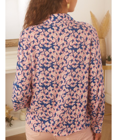 chemise marine fleurie rose