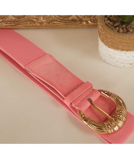 pink belt with gold buckle