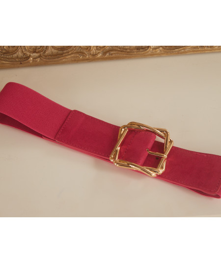 fushia belt with square gold buckle