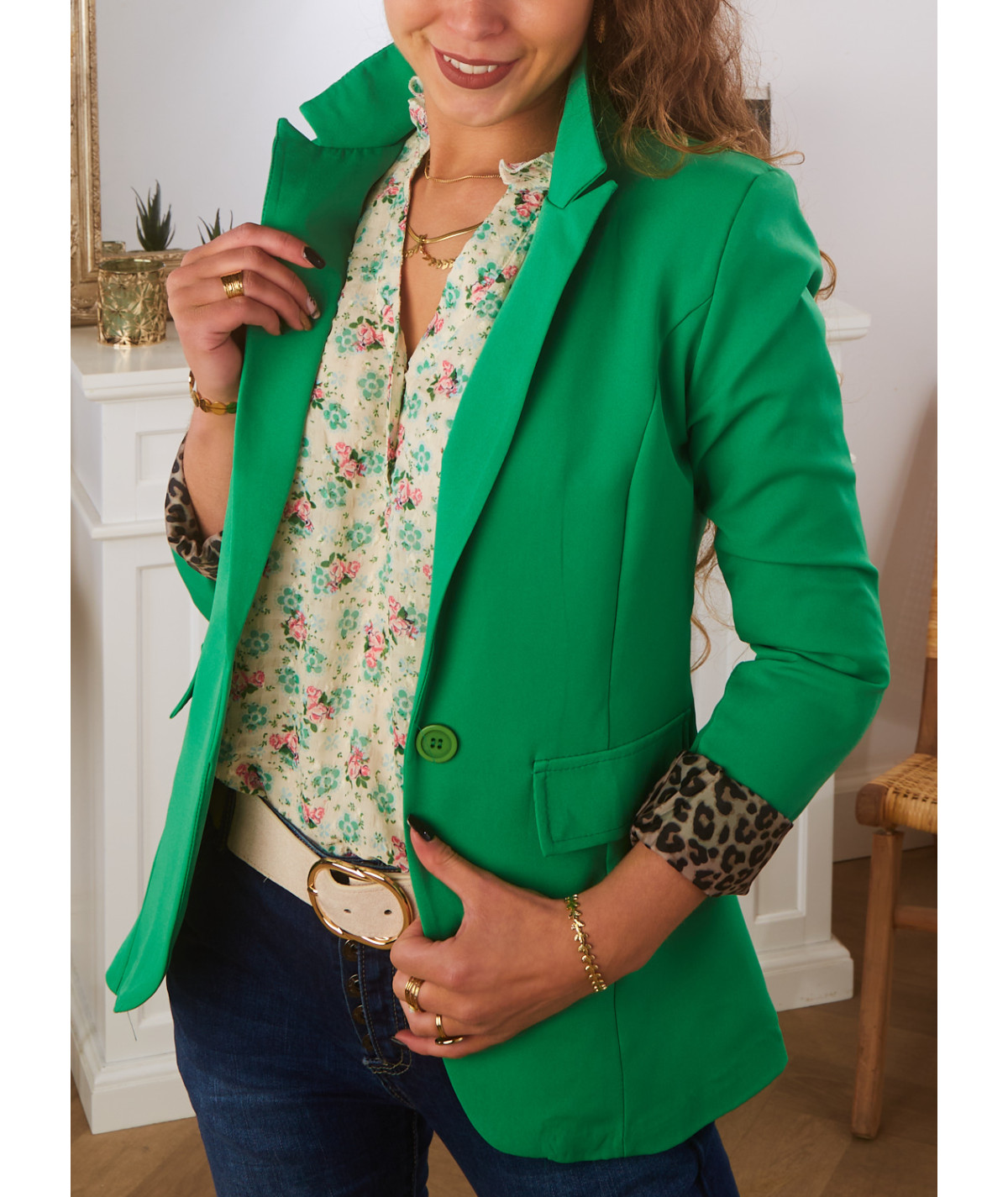 blazer vert ourlet léopard