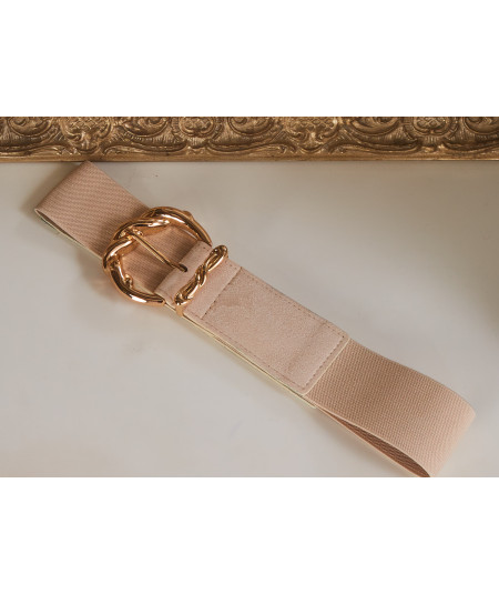 beige belt with gold buckle