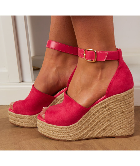 sandalias de cuña con suela de paja fushia