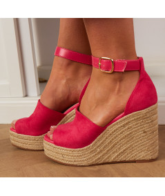 sandalias de cuña con suela de paja fushia