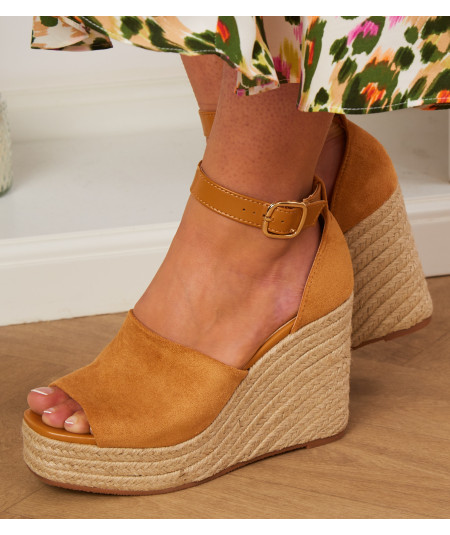 wedge sandals with straw sole in camel
