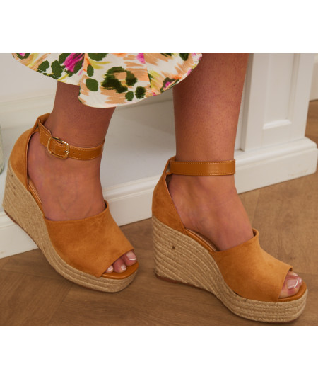 wedge sandals with straw sole in camel