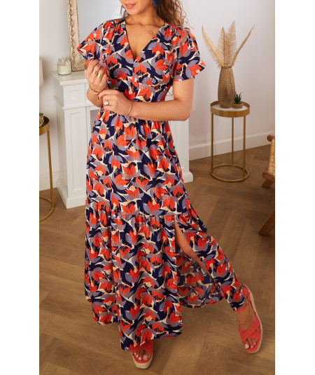 robe longue marine motif orange