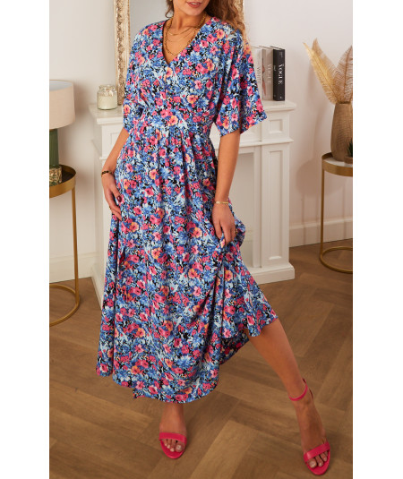 robe longue bleue fleurie rose