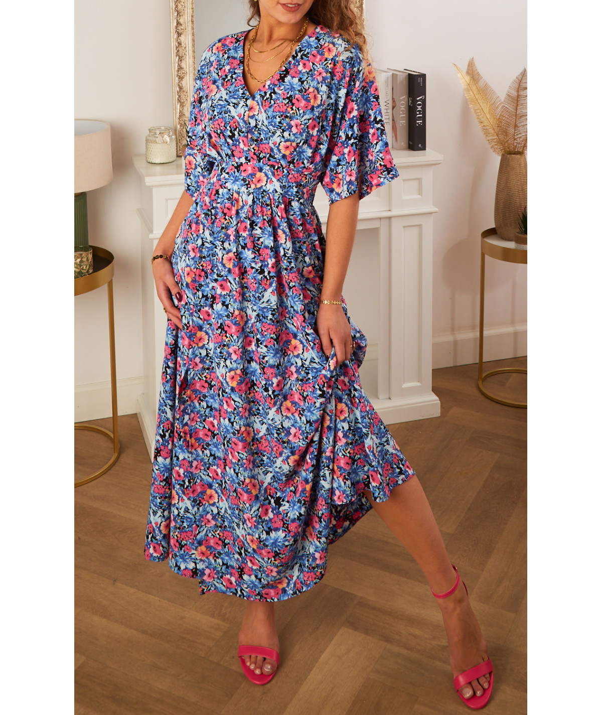 robe longue bleue fleurie rose