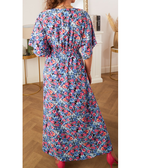 robe longue bleue fleurie rose