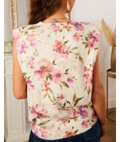 pull sans manches fleuri rose