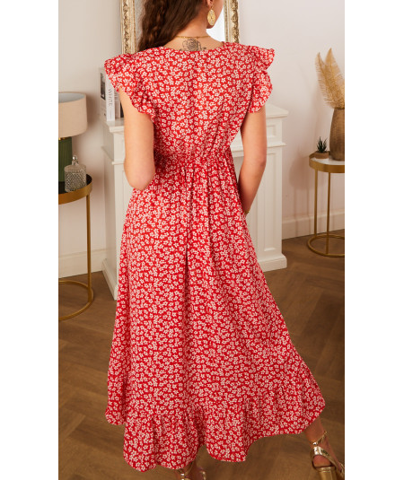 robe longue rouge à imprimé floral blanc asymétrique asymétrique