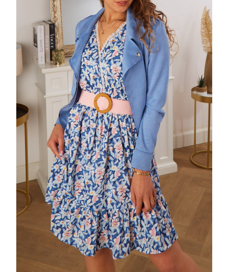 blue dress with white and pink flowers