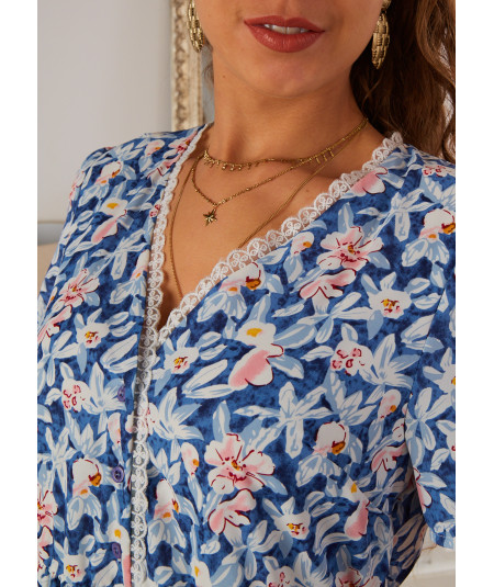 blue dress with white and pink flowers