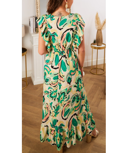 long green dress with flounced sleeves