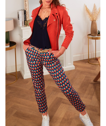 navy cotton trousers with coral print