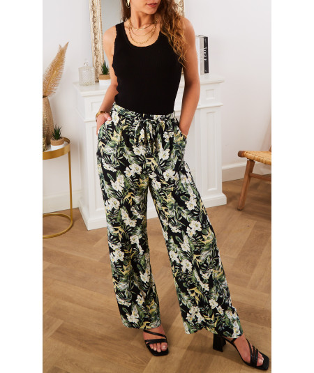 flowing black trousers with nature print and belt