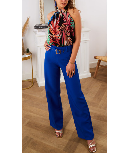 flowing trousers with electric blue belt