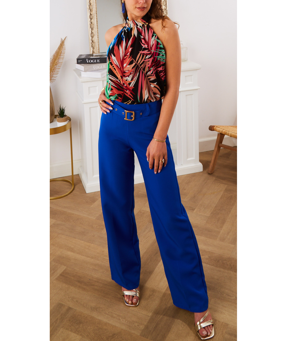 flowing trousers with electric blue belt