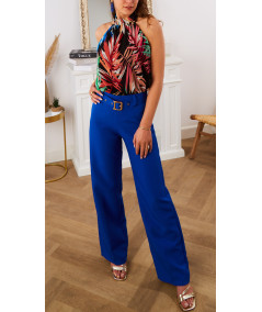 flowing trousers with electric blue belt