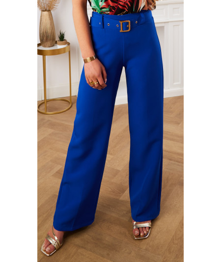 flowing trousers with electric blue belt