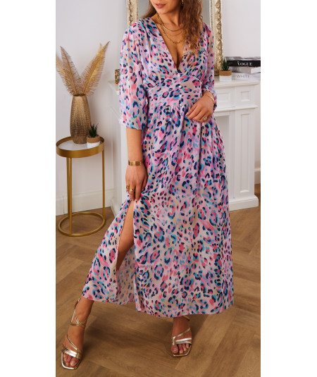 long pink flowing dress with colourful leopard print