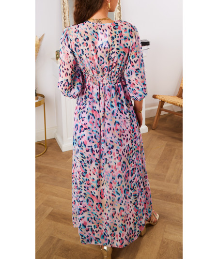 robe longue rose fluide motif léopard coloré