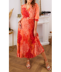 orange long dress with pleated belt and arabesque pattern