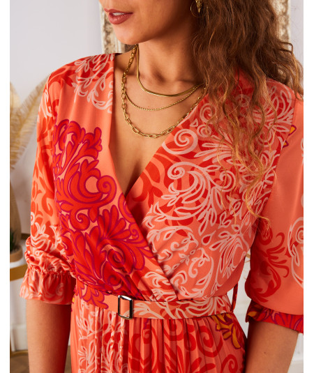 orange long dress with pleated belt and arabesque pattern