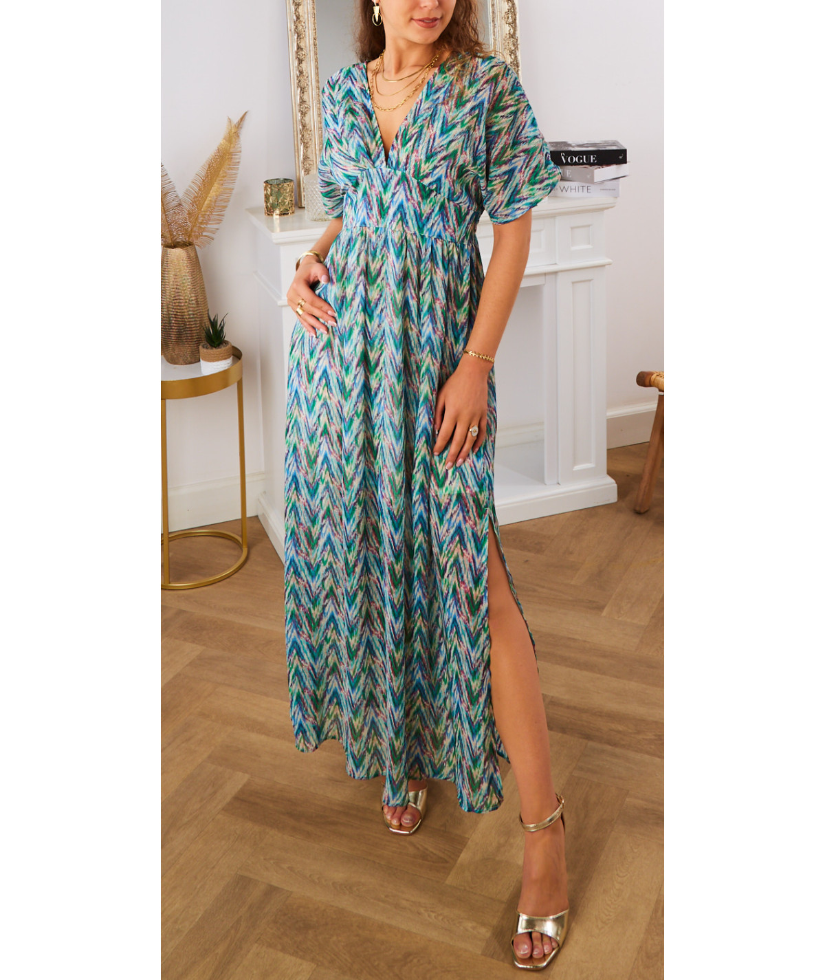 robe longue verte motif triangle