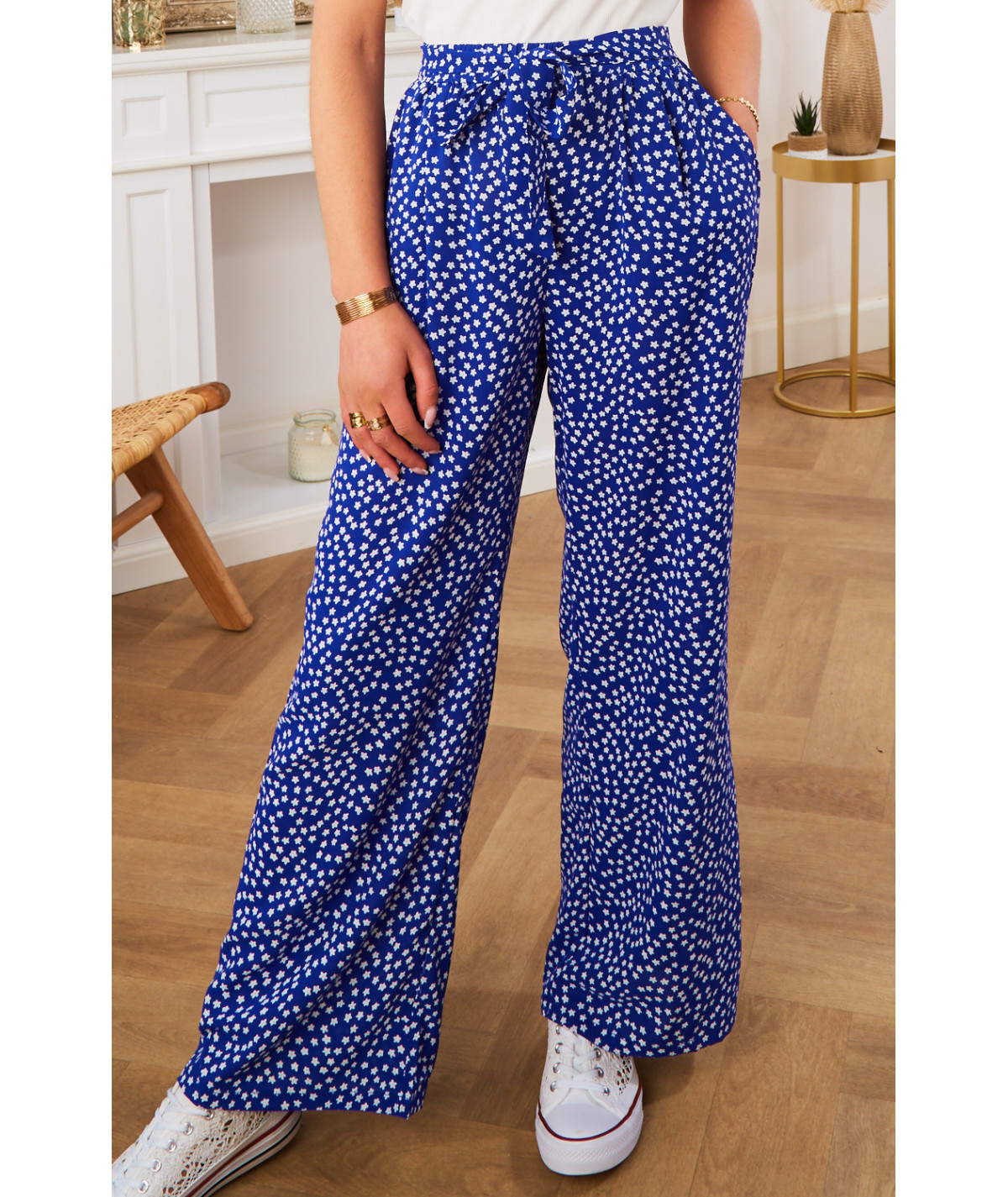 flowing trousers blue floral white belt