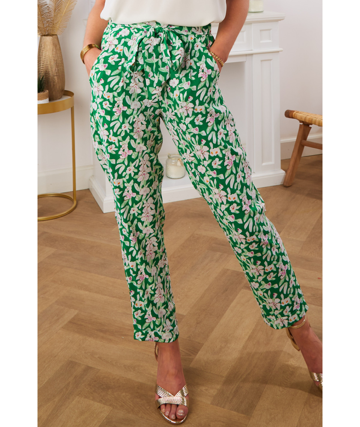 pantalon vert fleuri fluide ceinture