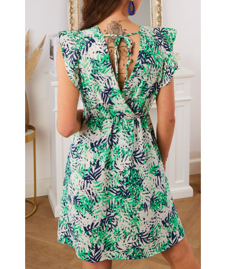 green dress with flounced sleeves and halter top