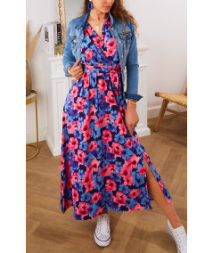 robe longue manches volants bleue motif fleur rose