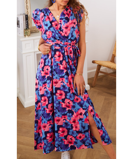 long dress with blue ruffled sleeves and pink flower pattern