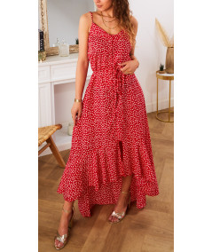 robe longue fleurie asymétrique rouge