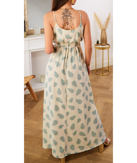long dress with water green leaf pattern