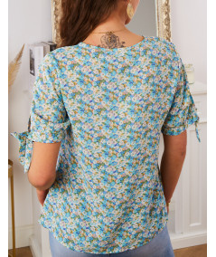 blue floral short sleeve blouse