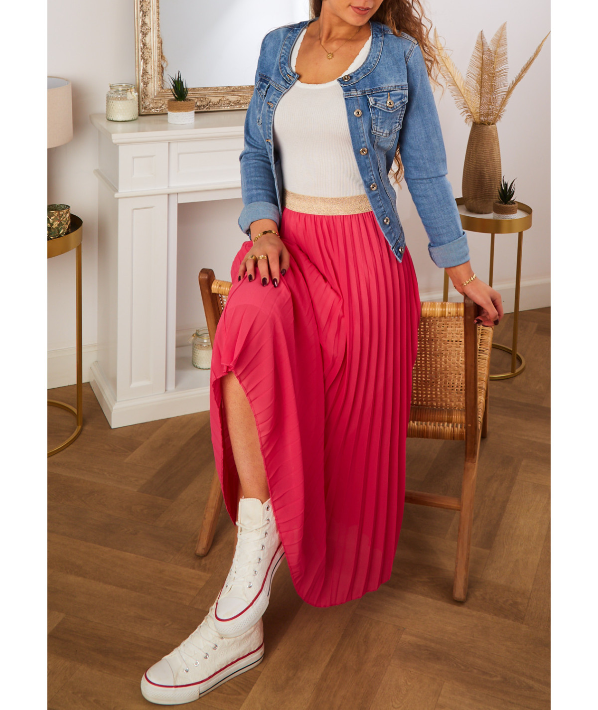 fushia pleated long skirt