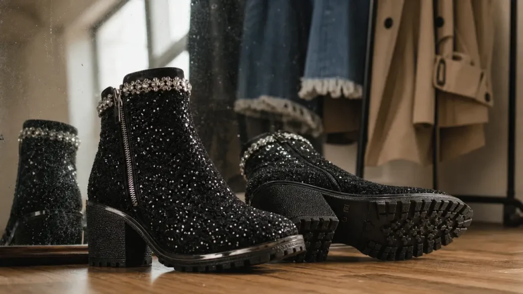 Bottines paillettes noires à talon, fermeture éclair latérale