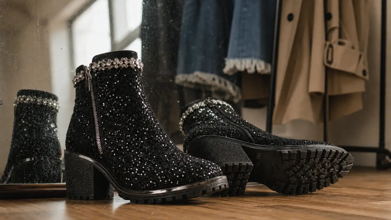 Bottines paillettes noires à talon, fermeture éclair latérale