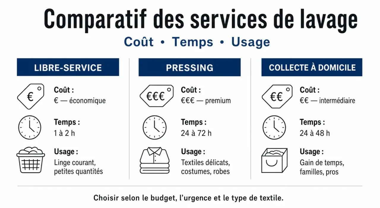 Tableau comparatif des services de nettoyage à sec et laverie libre-service à Paris