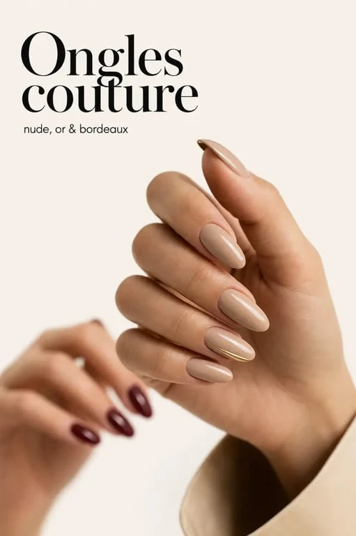 Ongle glamour avec manucure nude brillante et accent doré en style éditorial