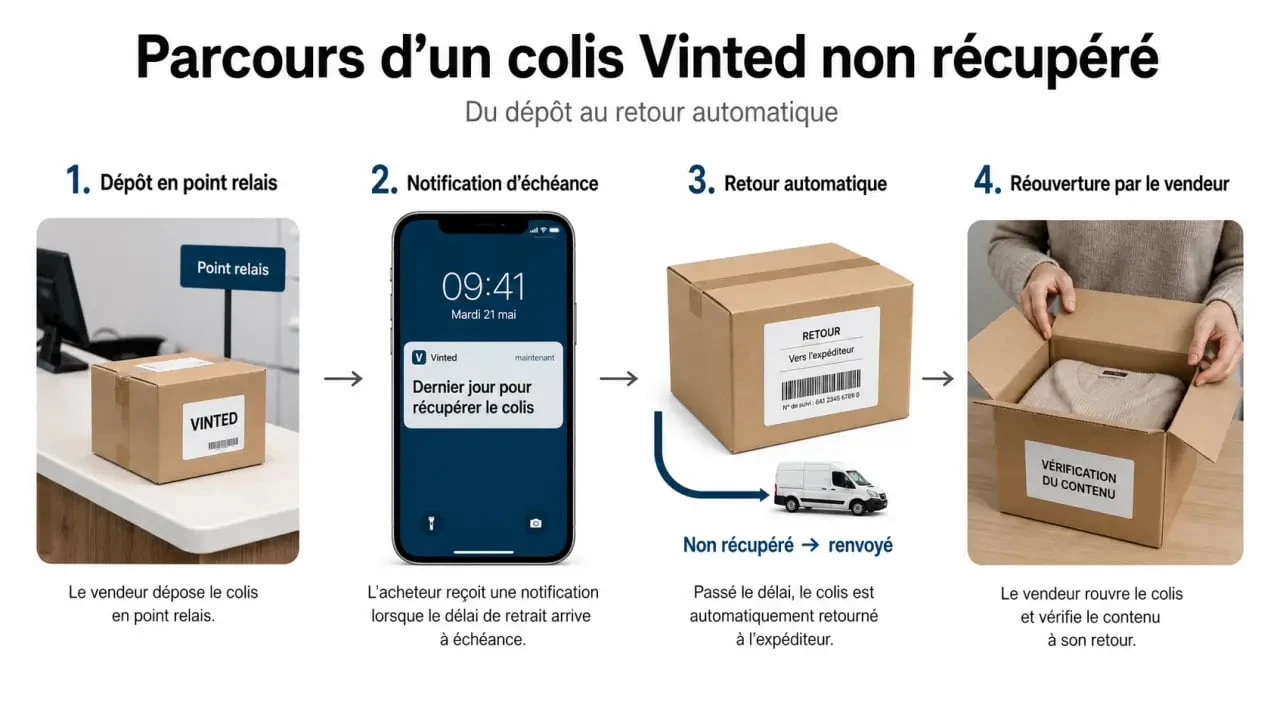 Vinted colis non récupéré remboursement vendeur : schéma des étapes du retour automatique et de la transaction annulée