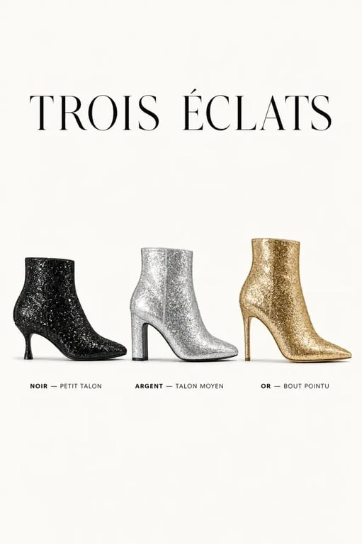 Bottines paillettes en version noire, argentée et dorée avec différentes hauteurs de talon