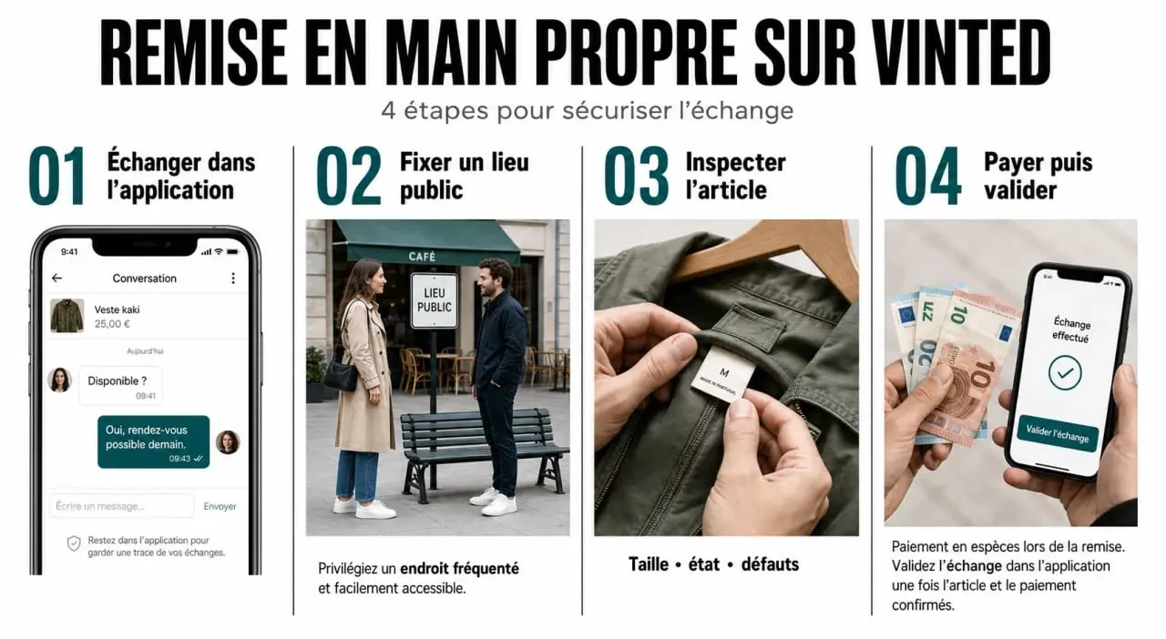 Remise main propre Vinted : schéma des étapes pour organiser un échange sécurisé et finaliser le paiement