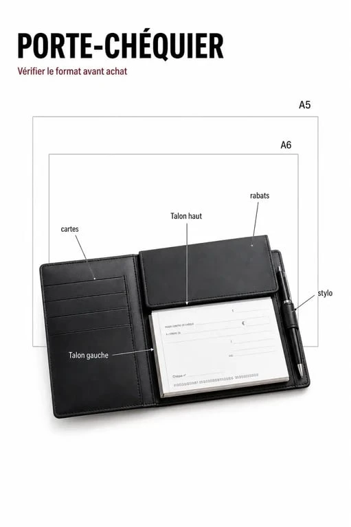 Porte chequier ouvert avec comparaison visuelle des formats A5, A6, talon gauche et talon haut
