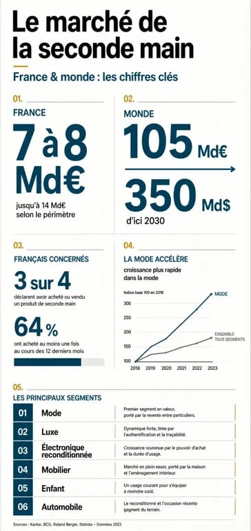 Infographie sur le marché de la seconde main avec chiffres clés, segments et tendances